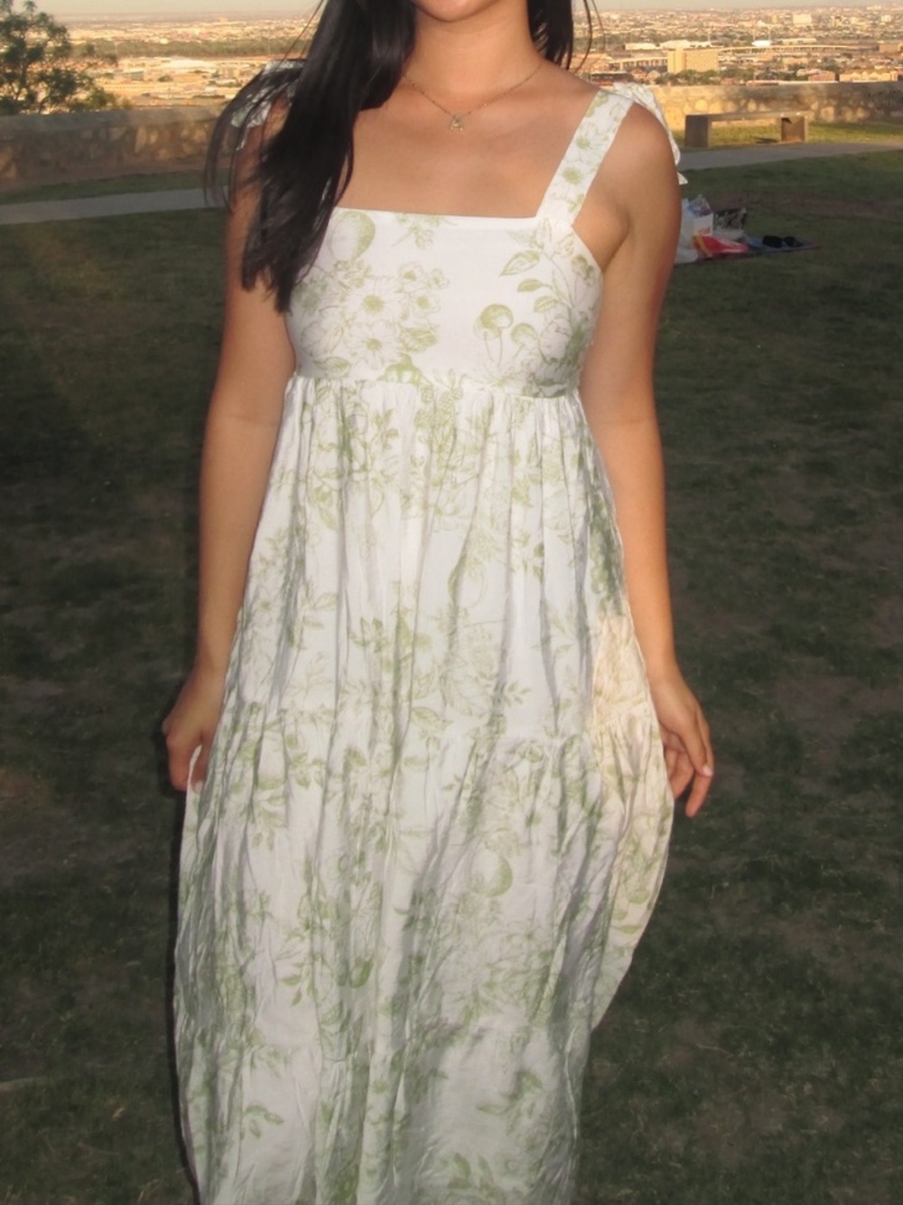 White and Green Floral Maxi Dress